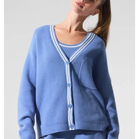 alo tennis club sweater knit cardigan Crystal Clear Blue size XS